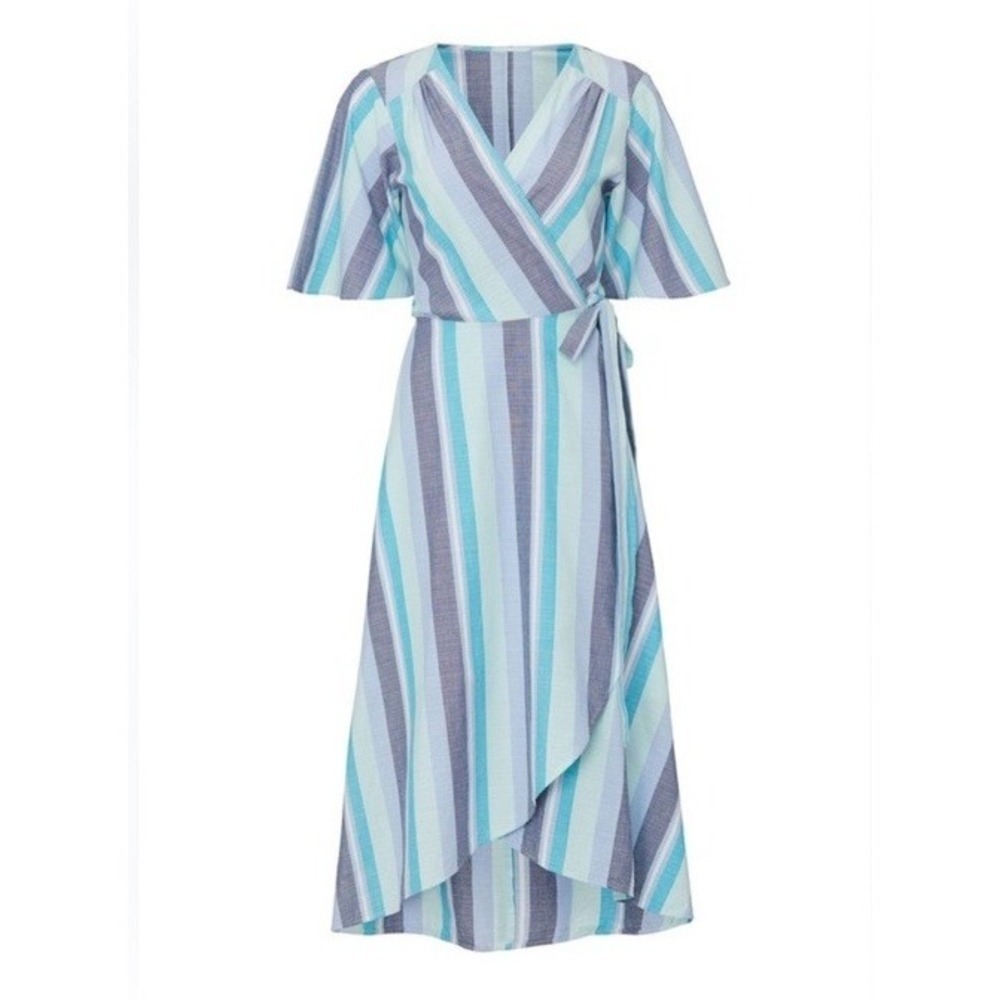 B Collection by Bobeau Orna Wrap Dress Blue Striped Midi Sleeveless M - Picture 2 of 12